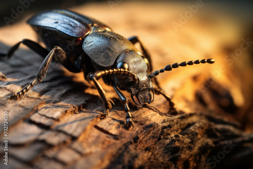 Macro shot of a beetle crawling on a textured tree bark.