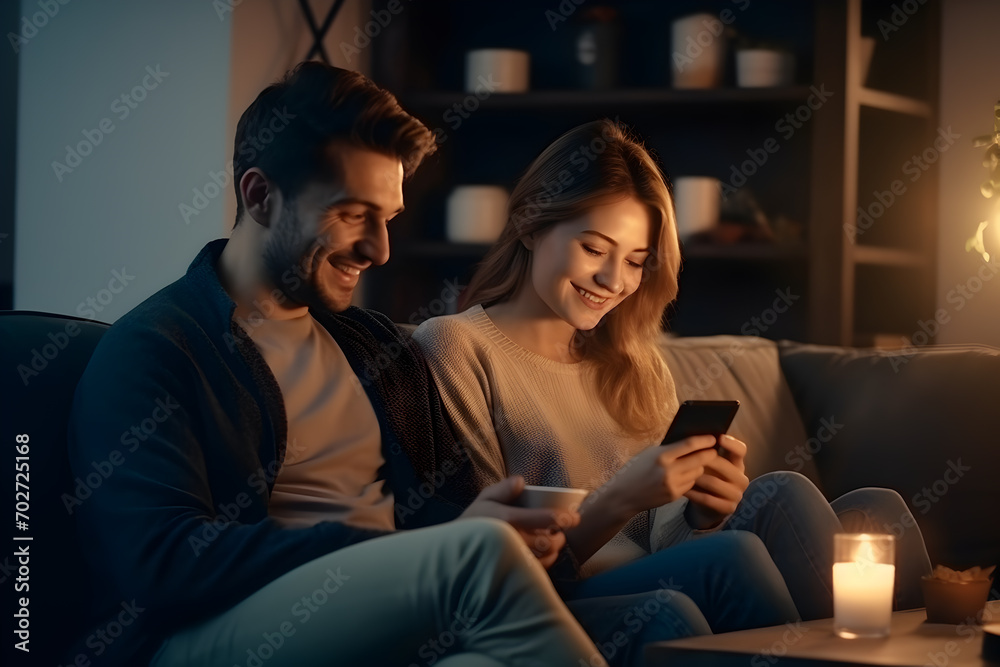 happy couple with smartphone at home in evening sitting on sofa at night happy couple with smartphone at home in evening sitting on sofa at night