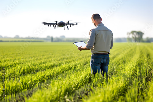 Farmer with drone quadcopter and digital tablet on green field