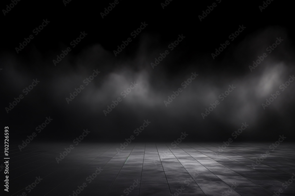 Abstract Dark Room Concrete Floor Background for Product Placement with Panoramic White Fog - obrazy, fototapety, plakaty 