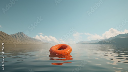 Orange Lifebuoy Floating on Calm Lake