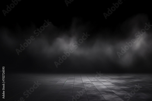 Abstract Dark Room Concrete Floor Background for Product Placement with Panoramic White Fog photo