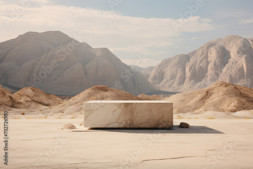 Marble Podium in Serene Desert Landscape, Awe-Inspiring Backdrop for Your Vision