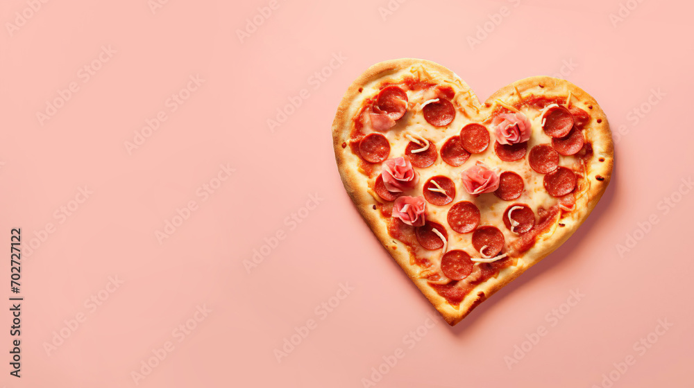 Pizza in a shape of heart with salami sausage on light pink background. Valentine Day pizzeria advertisement. Copy text space, flat lay
