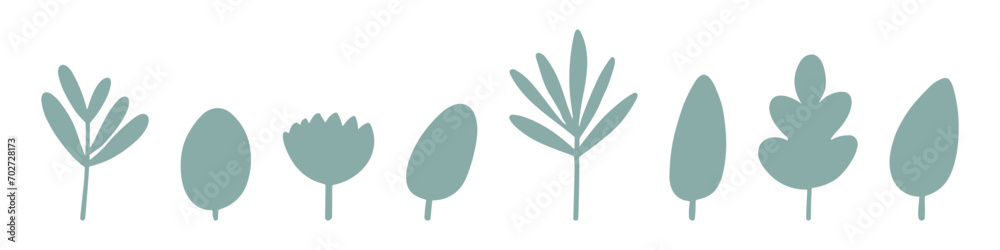 A series of green botanical vector icons including various stylized leaves and flowers. - obrazy, fototapety, plakaty 