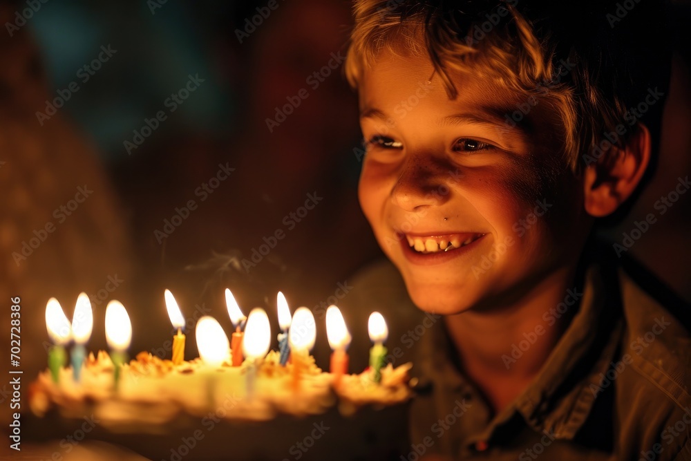 A joyful toddler beams at his birthday cake, the flickering candles casting a warm glow on his smiling face as he eagerly awaits his wish A joyful toddler beams at his birthday cake, the flickering candles casting a warm glow on his smiling face as he eagerly awaits his wish