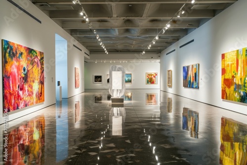 A mesmerizing display of contemporary masterpieces adorns the walls of a sleek gallery, beckoning visitors to explore the intricacies of the visual arts in this indoor scene