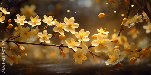 spring banner, blooming twig on a spring background in yellow tones, spring desktop wallpaper, floral background for presentation, product demonstration