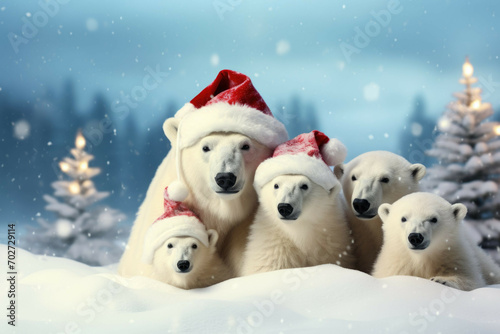 Polar bear family celebrating Christmas in the snow © Michael Böhm