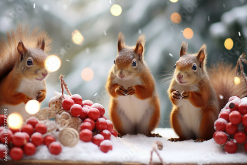 Group of playful squirrels collecting acorns in a snowy forest