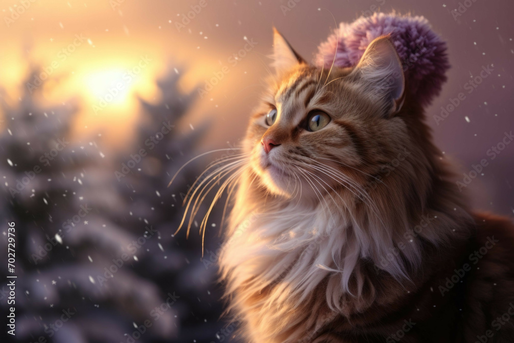 Christmas cat gazing at a snowy winter landscape