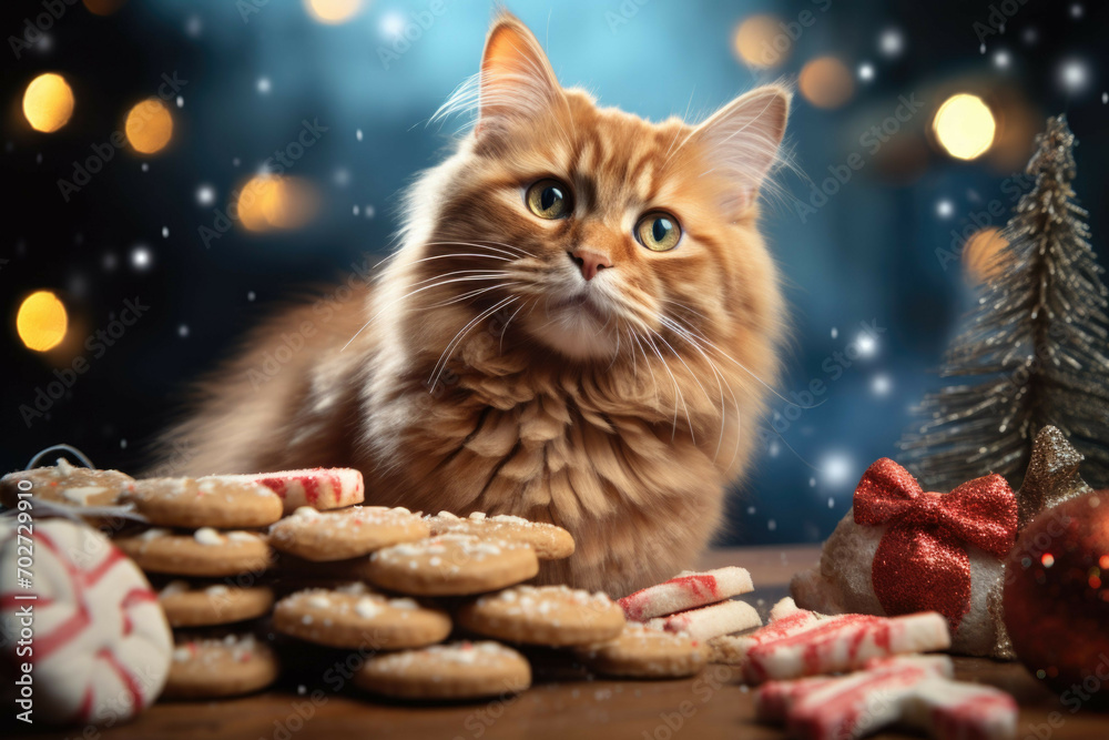 Christmas cat sitting on a stack of Christmas cookies