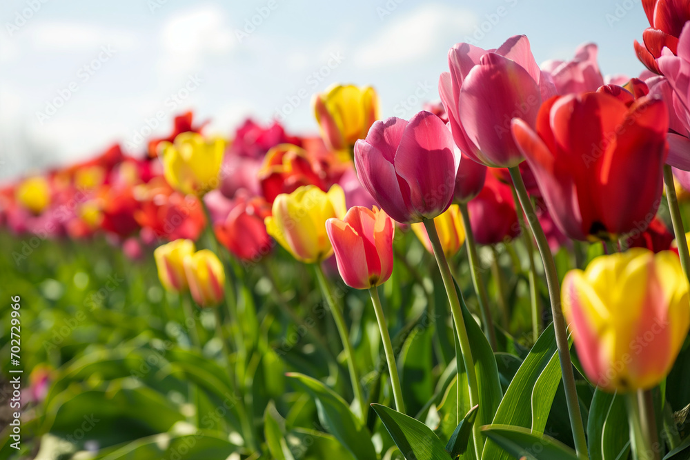 Generative AI, Celebrate Spring: Vibrant Tulip Border with Serene Sky Background for Perfect Copy Space