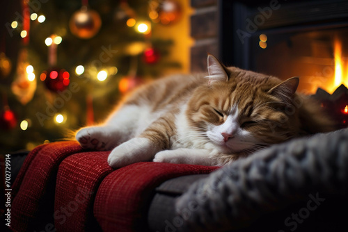 Cozy Christmas cat in a Christmas-themed living room