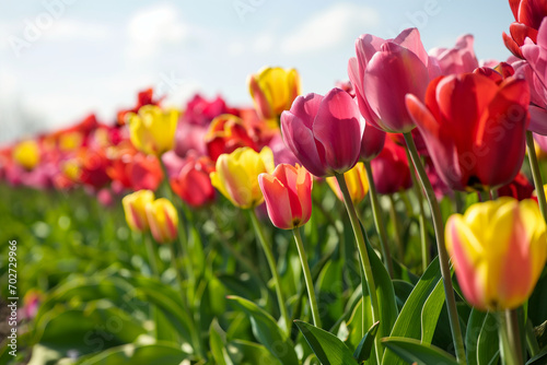 Generative AI  Celebrate Spring  Vibrant Tulip Border with Serene Sky Background for Perfect Copy Space