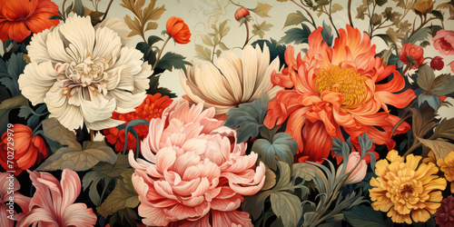 Vintage Floral Pattern: A Summer Garden Bouquet in Pink and Red Roses on a White Watercolor Textile Background