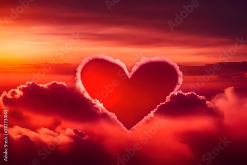 Red heart shaped clouds at sunset. Beautiful love background with copy space.Valentine's Day concept