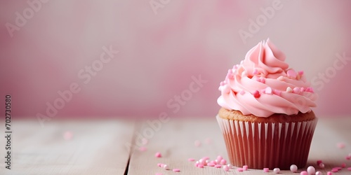 A cupcake with pink frosting and heart,shaped sprinkles , cupcake, pink frosting, heart,shaped sprinkles