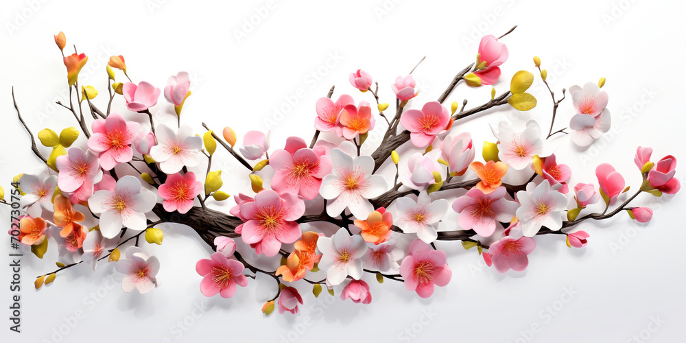 spring banner, blooming twig with multi-colored flowers on a white background, 3D, spring desktop wallpaper, floral background for presentation, product demonstration