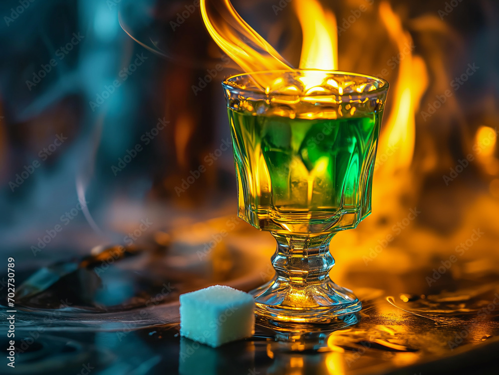 Close-up of a tall glass of flaming Absinthe, with sugar cube almost gone, smoky atmospheric lighting