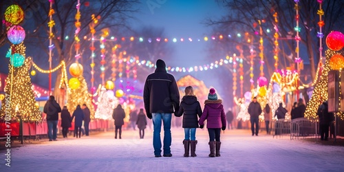 A family enjoying a winter carnival with rides and festivities , family, winter carnival, rides, festivities