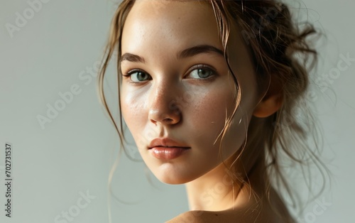Image of a medical spa website sign with a realistic image of a beautiful Korean woman with clear  white skin. Her hair was elegantly pulled back in a simple style. In the picture  her fingers slowly 