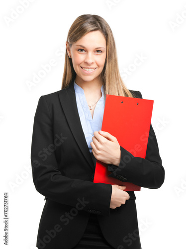 Professional young woman smiling and holding a red clipboard iso