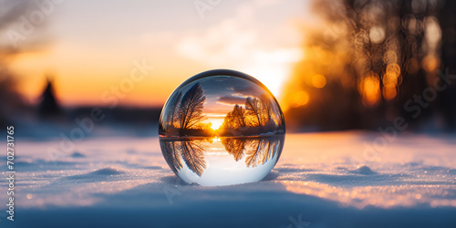 A glass ball sitting on top of a snow covered ground and sunset background Glass ball on the snow with a beautiful scenery inside.   © Mustafa