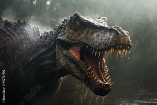 Spinosaurus emerging from a mist-covered swamp