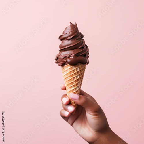 Hand holding chocolate ice cream cone on pastel pink background