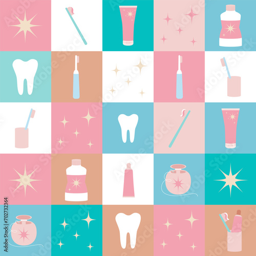 Vector oral care dental quilt seamless pattern or background with abstract geometric, simple shapes. Mouth cleaning tools, brushes, paste, floss, tooth, rinse or mouthwash.