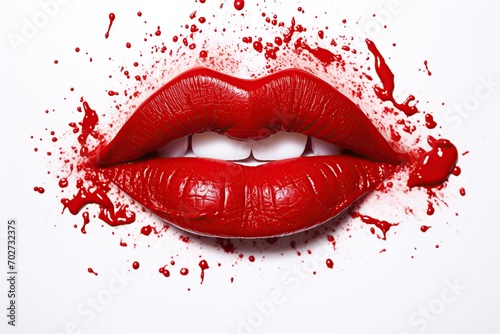Red lipstick on lips on white background