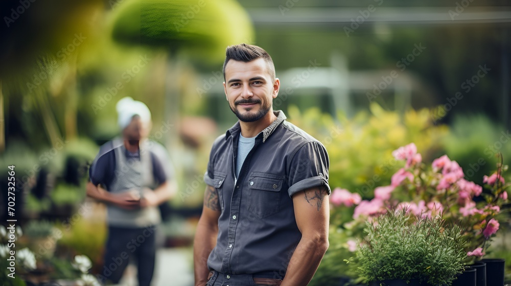 Naklejka premium A gardener in a botanical garden looking at blooming flowers , gardener, botanical garden, blooming flowers