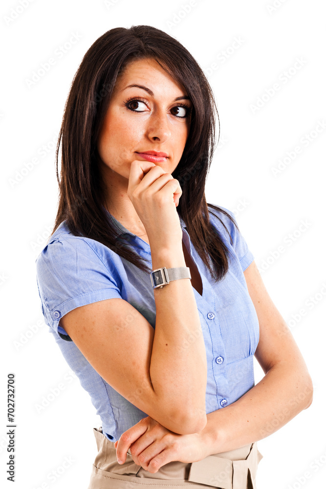 Professional female in business attire deep in thought against a Professional female in business attire deep in thought against a