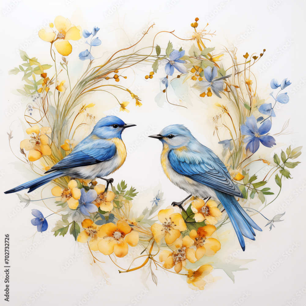 round arrangement of flowers with birds on white background