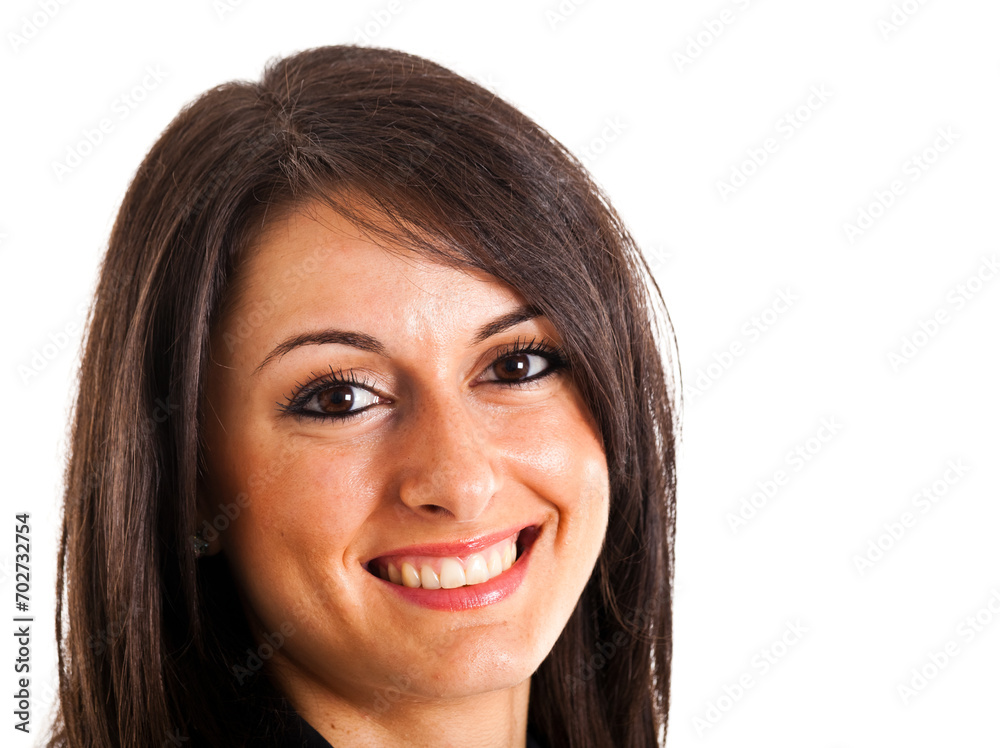 Radiant woman smiling on white background Radiant woman smiling on white background