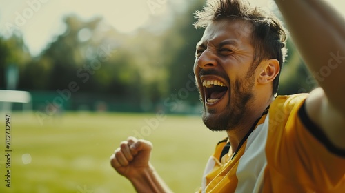 A football player on the field emotionally rejoices at the victory