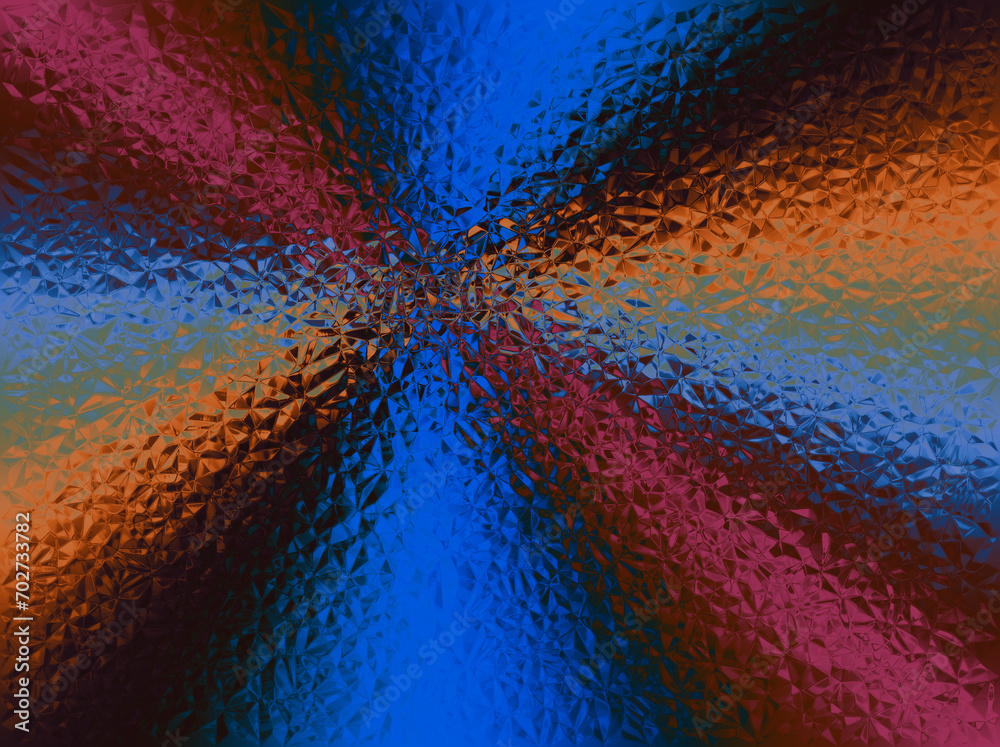 Fototapeta premium Niebieskie, pomarańczowe i bordowe promienie skupione w w jednym punkcie widoczne przez przeźroczystą szybę o teksturze trójkątów i trapezów - abstrakcyjne tło