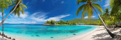 A panoramic view of a tropical beach with turquoise waters and palm trees  photo