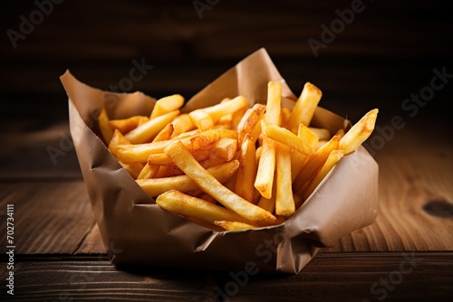 French fries in paper bag on wooden background