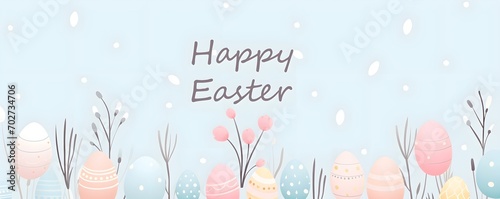 Happy Easter banner. Trendy Easter design with typography, hand painted strokes and dots, eggs and bunny in pastel colors. Modern minimal style