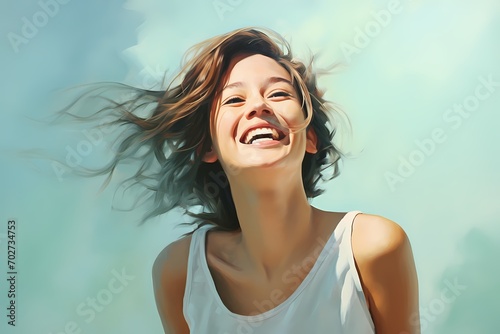 A joyful young woman flashing a captivating smile on a serene pastel green backdrop.