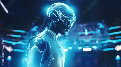 Cybernetic Man with Holographic Visor and Neon Suit