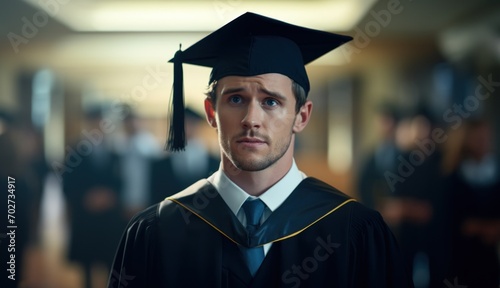 Solemn Male Graduate in Front of University Building