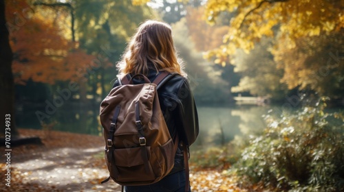 Woman with Backpack Enjoying Autumn Park Scenery