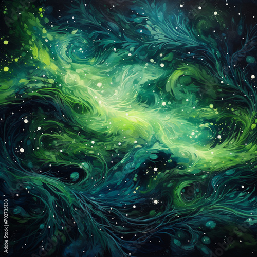 green leaves flowing in galaxy, crop tracking monitoring, futuristic photo of digital intelligent concept by generative AI.
