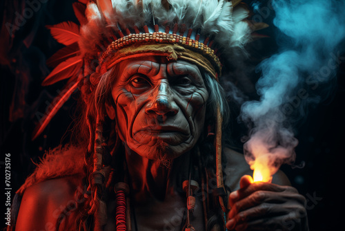 Indian shaman portrait while smoking a pipe, engulfed in smoke and spiritual mood, dark background atmosphere, vibrant colors. Ai generated