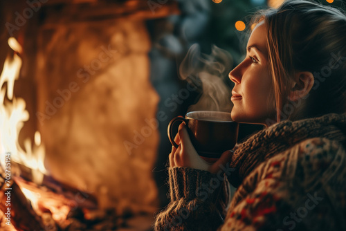 Beautiful woman next to a fireplace drinking and enjoying a steamy coffee mug, vintage mood and feel. Ai generated