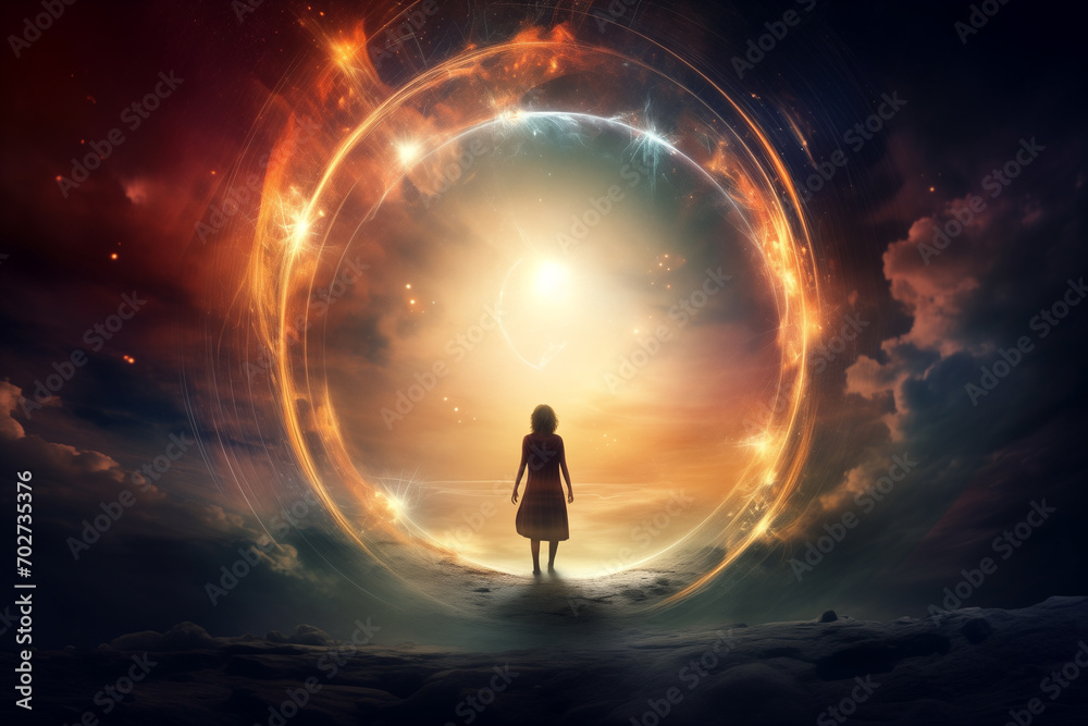 Moment of an opening portal in the sky, revealing a passage to new dimensions, man shillouette standing in the middle. Ai generated Moment of an opening portal in the sky, revealing a passage to new dimensions, man shillouette standing in the middle. Ai generated