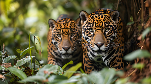 A rare sight of two jaguars gracefully moving through the underbrush, exemplifying the elusive beauty and power of these big cats in their jungle habitat.